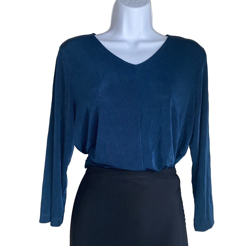 Citiknits Women’s S Teal Blouse Silky Stretchy V-Neck 3/4 Sleeve Spandex USA